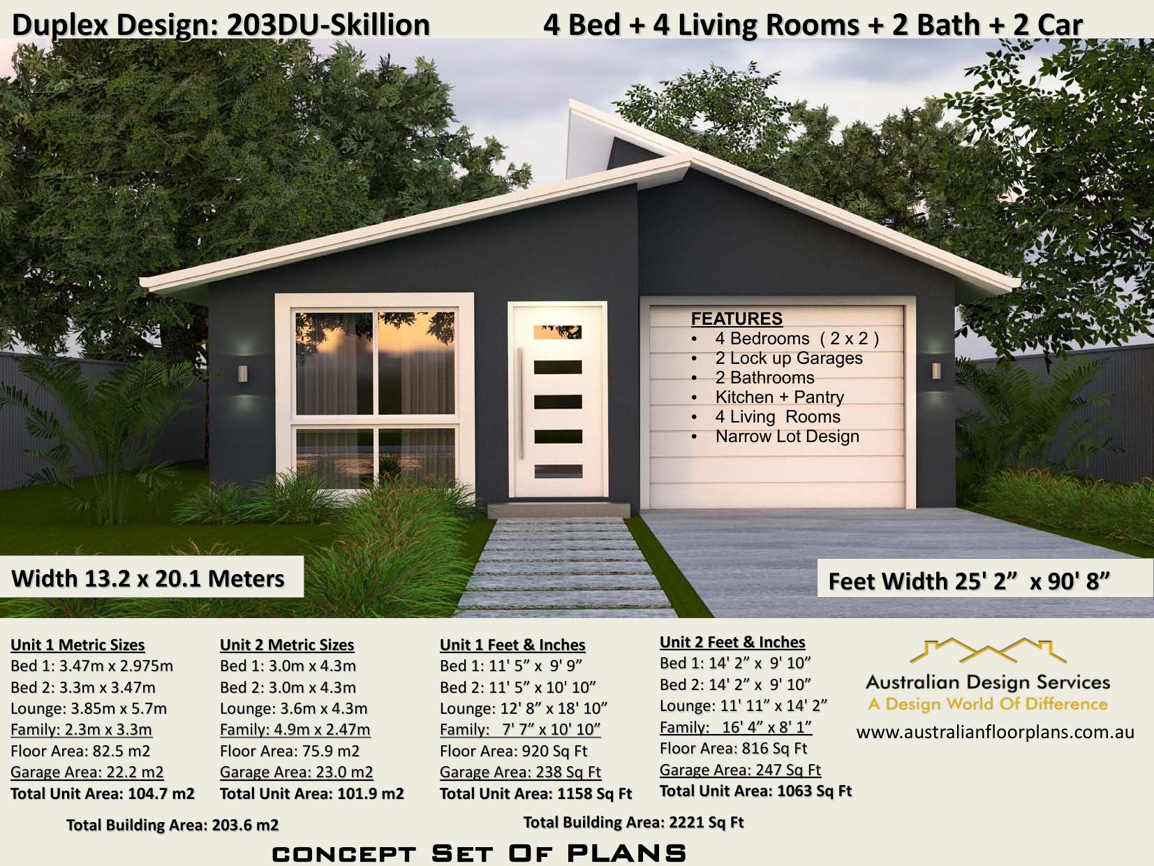 Skillion Roof Duplex Design- 4 Bedroom dual Family House Plan 203DU-Skillion by Unknow
