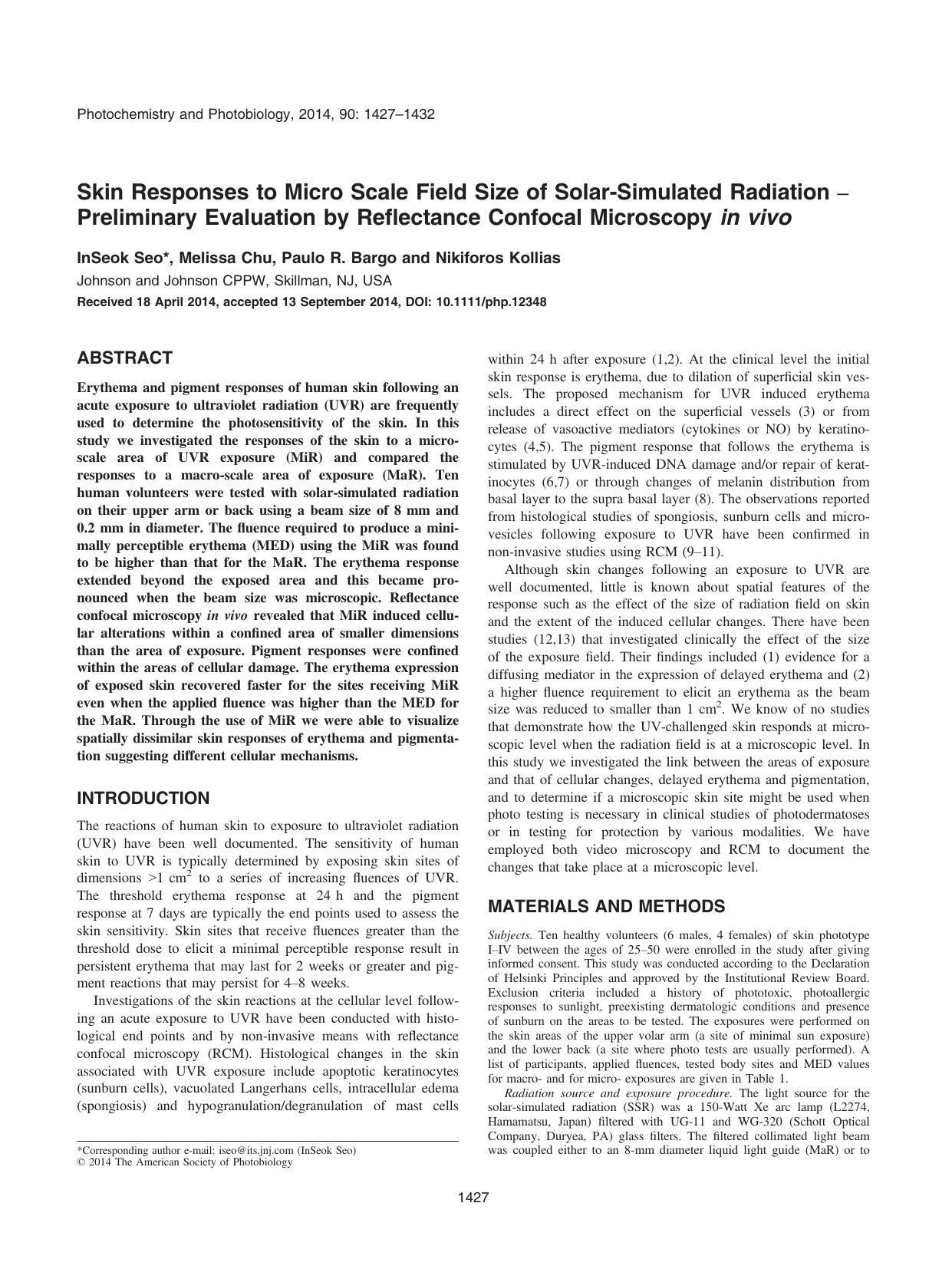 Skin Responses to Micro Scale Field Size of SolarSimulated Radiation Preliminary Evaluation by Reflectance Confocal Microscopy in vivo by Unknown