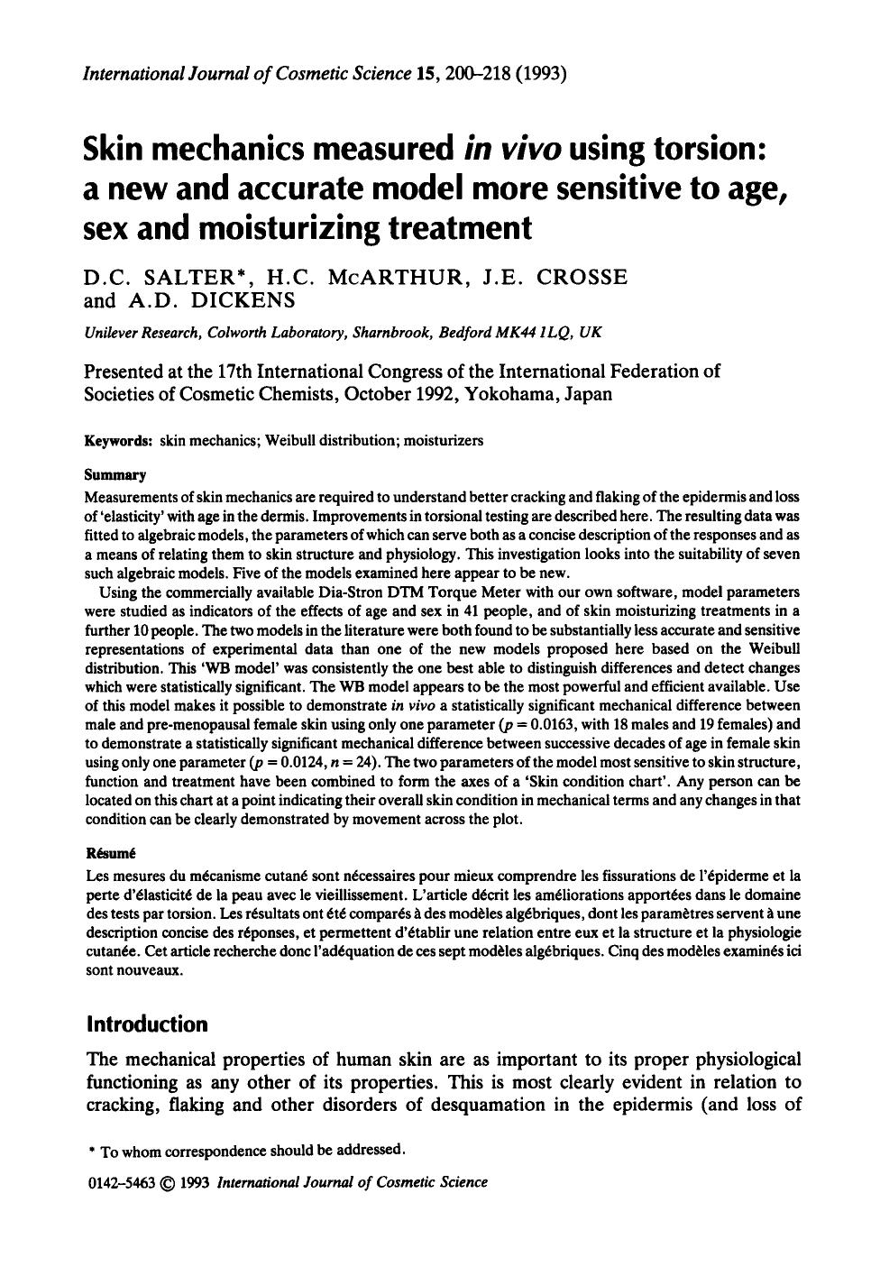 Skin mechanics measured in vivo using torsion: a new and accurate model more sensitive to age, sex and moisturizing treatment by Unknown