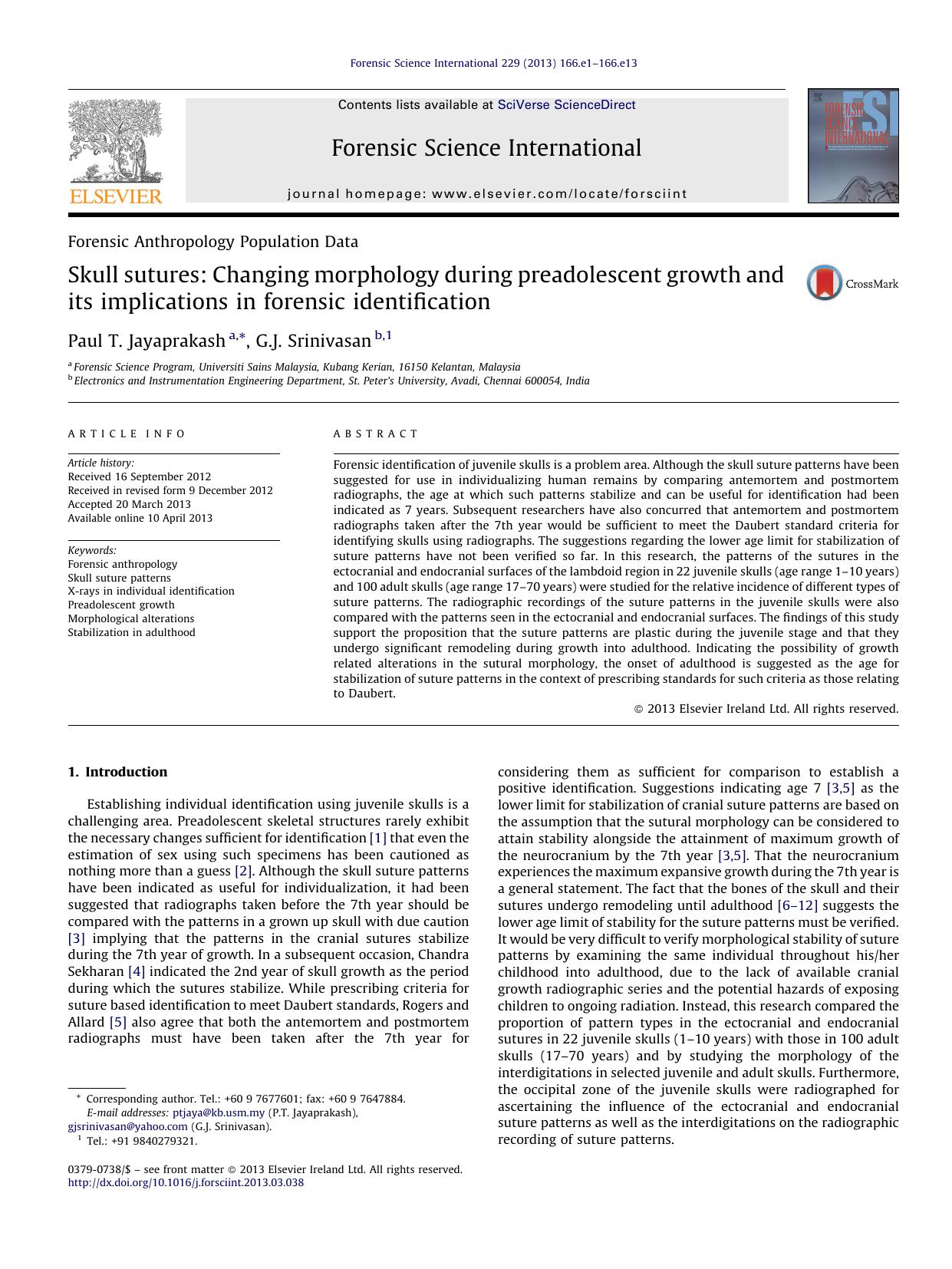 Skull sutures: Changing morphology during preadolescent growth and its implications in forensic identification by Paul T. Jayaprakash & G.J. Srinivasan