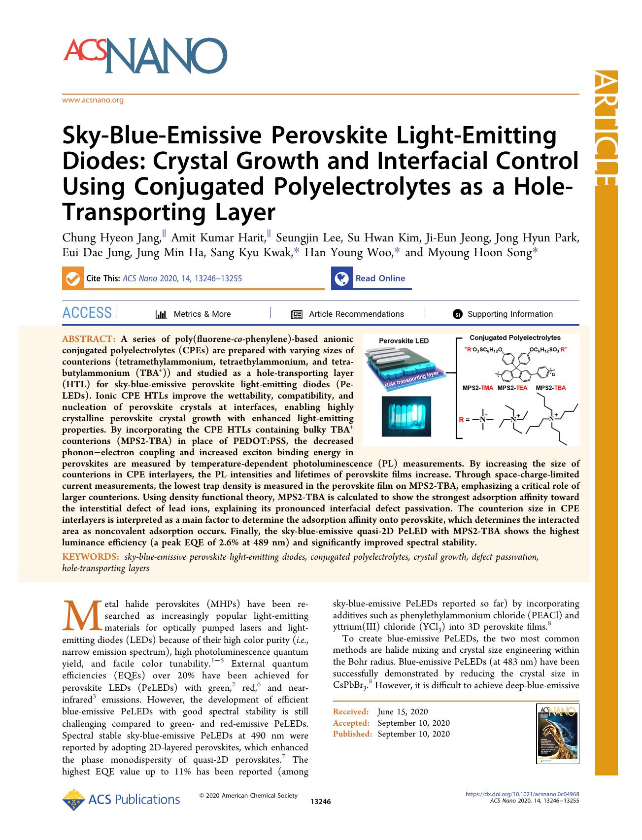 Sky-Blue-Emissive Perovskite Light-Emitting Diodes: Crystal Growth and Interfacial Control Using Conjugated Polyelectrolytes as a Hole-Transporting Layer by unknow