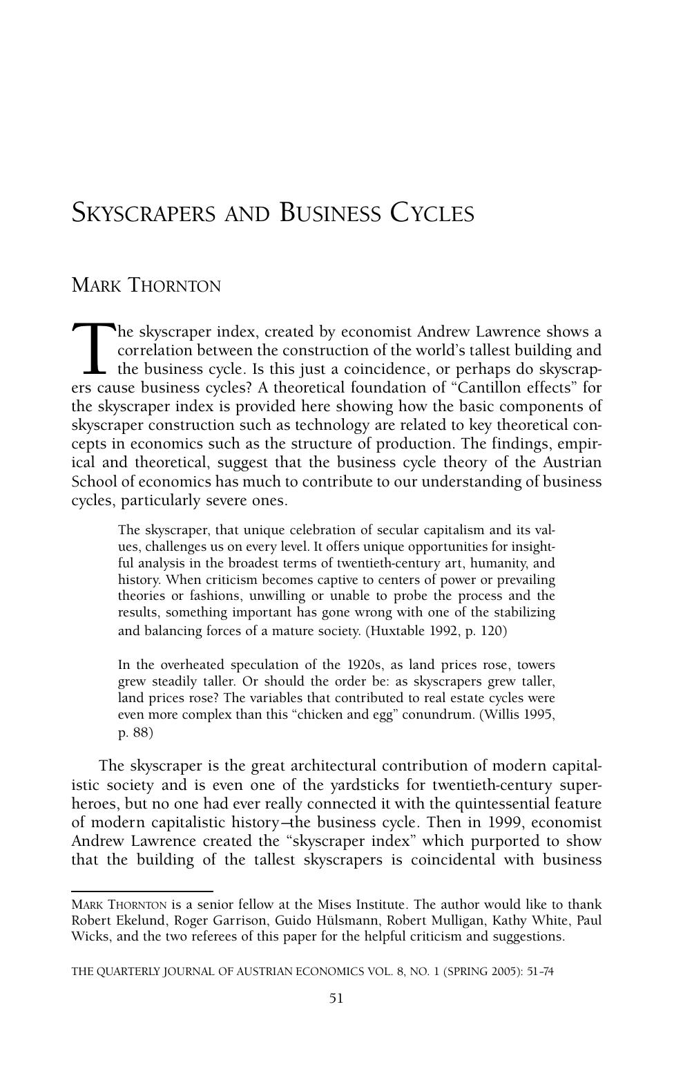 Skyscrapers and Business Cycles by Mark Thornton