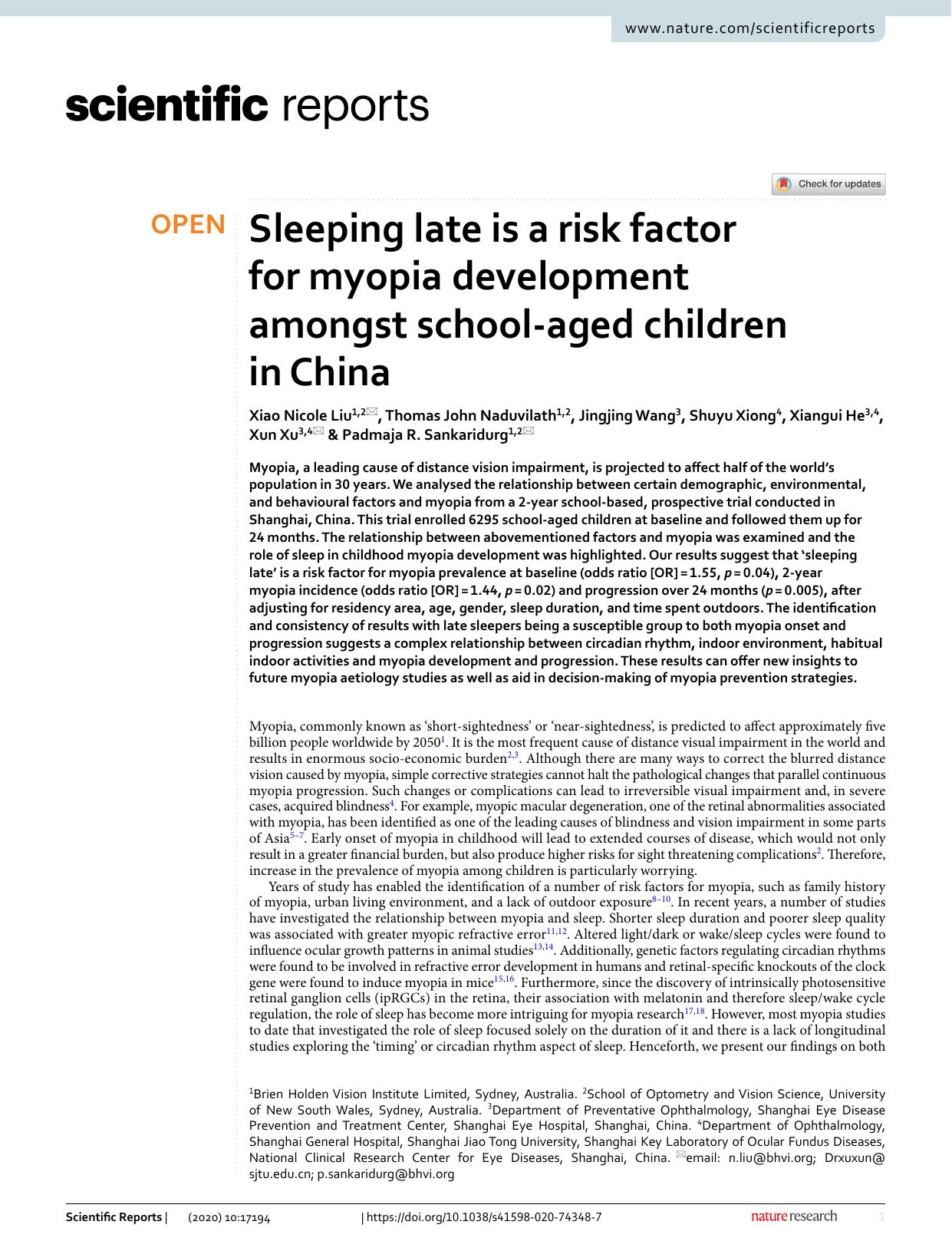 Sleeping late is a risk factor for myopia development amongst school-aged children in China by unknow