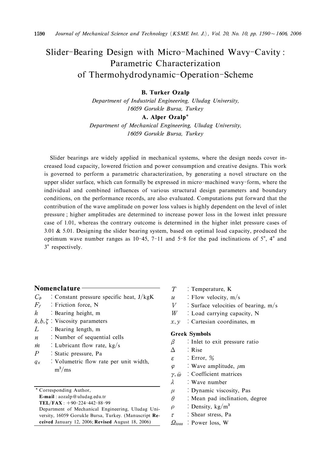 Slider-bearing design with micro-machined wavy-cavity: Parametric Characterization of thermohydrodynamic-operation-scheme by Unknown