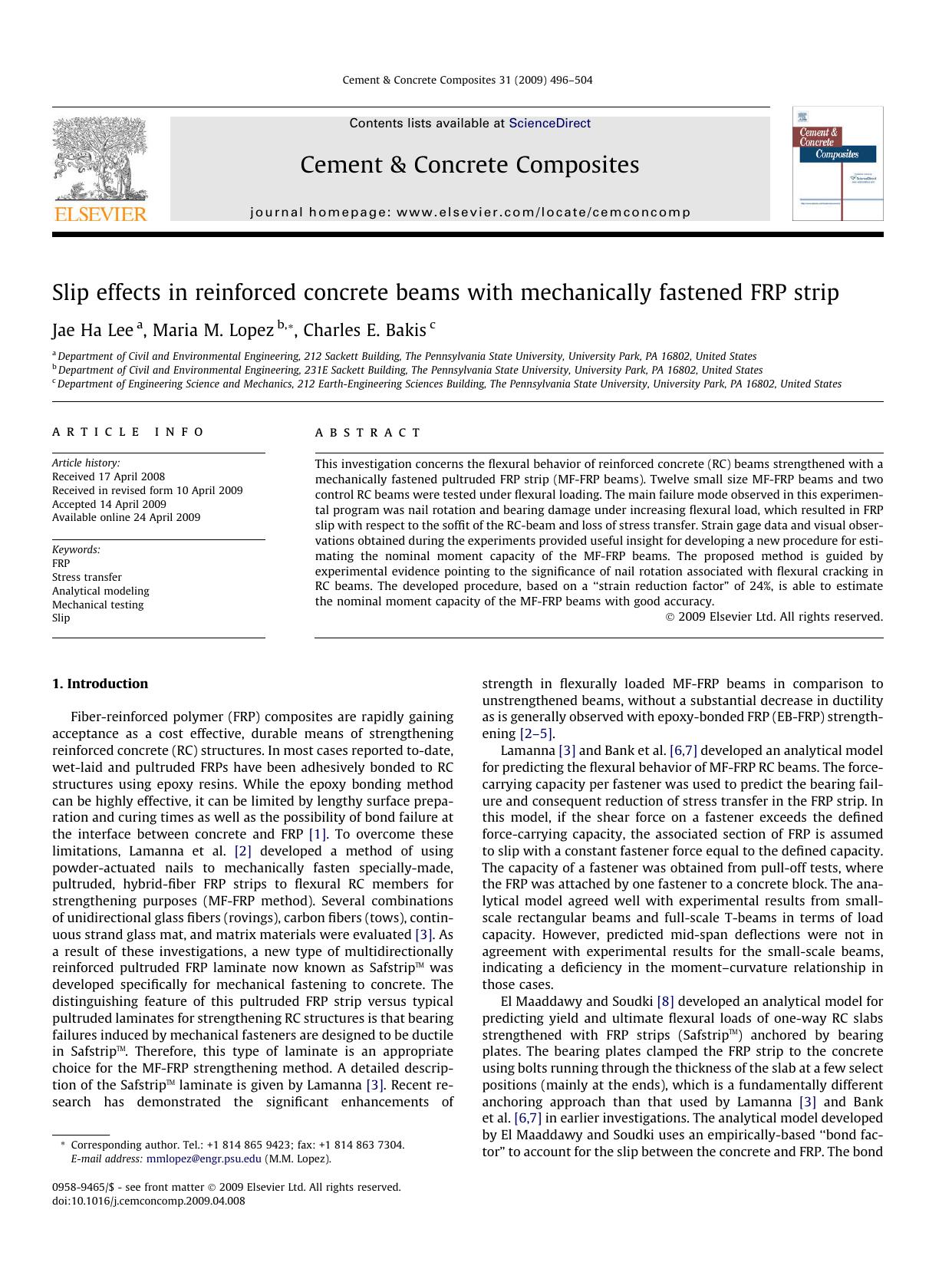 Slip effects in reinforced concrete beams with mechanically fastened FRP strip by Jae Ha Lee; Maria M. Lopez; Charles E. Bakis