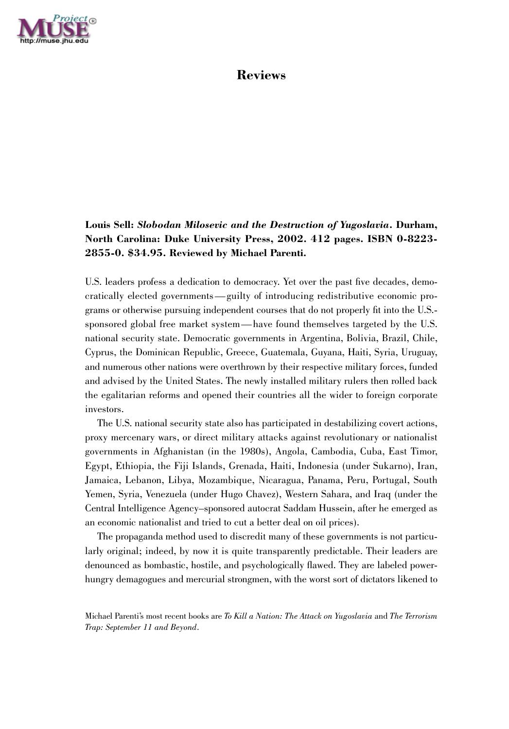Slobodan Milosevic and the Destruction of Yugoslavia (review) by Michael Parenti