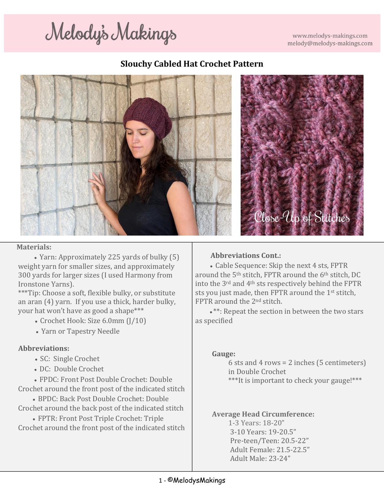 Slouchy Cabled Hat Crochet Pattern by Nick & Mel