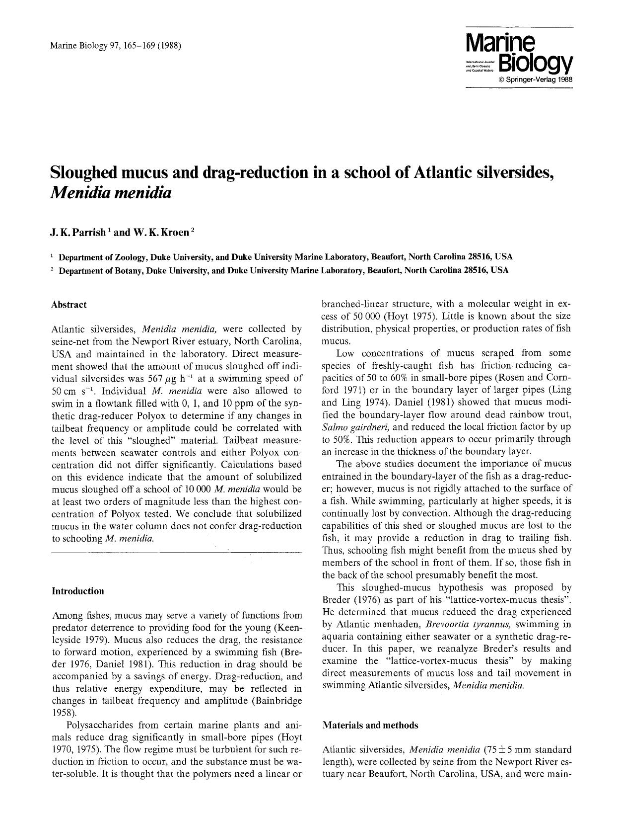 Sloughed mucus and drag-reduction in a school of Atlantic silversides, <Emphasis Type="Italic">Menidia menidia<Emphasis> by Unknown