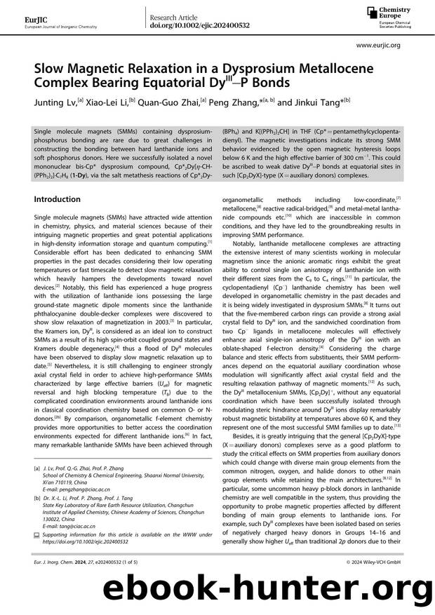 Slow Magnetic Relaxation in a Dysprosium Metallocene Complex Bearing Equatorial DyIIIâP Bonds by Unknown
