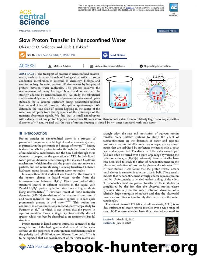 Slow Proton Transfer in Nanoconfined Water by Oleksandr O. Sofronov (ORCID: 0000-0001-7744-6404) & Huib J. Bakker (ORCID: 0000-0003-1564-5314)