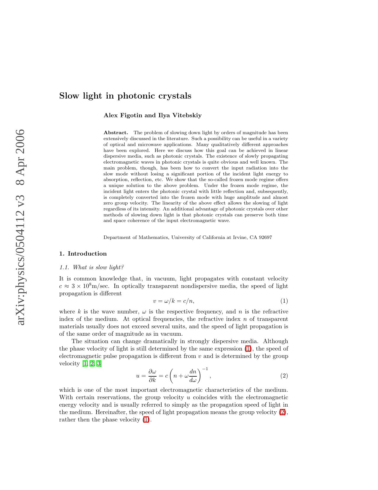 Slow light in photonic crystals by Alex Figotin; Ilya Vitebskiy