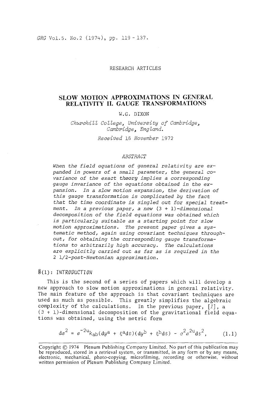 Slow motion approximations in general relativity II. Gauge transformations by Unknown