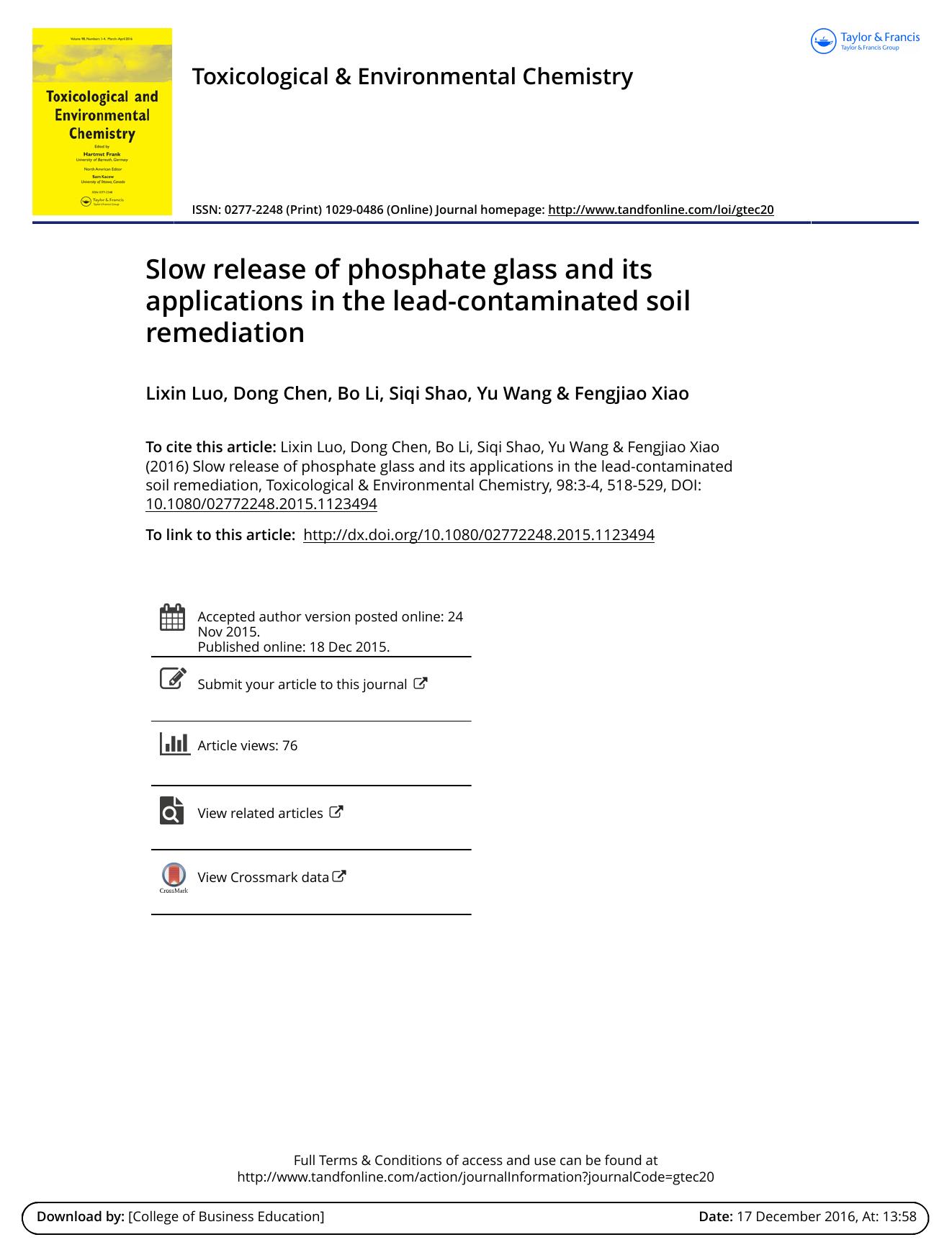 Slow release of phosphate glass and its applications in the lead-contaminated soil remediation by Lixin Luo & Dong Chen & Bo Li & Siqi Shao & Yu Wang & Fengjiao Xiao