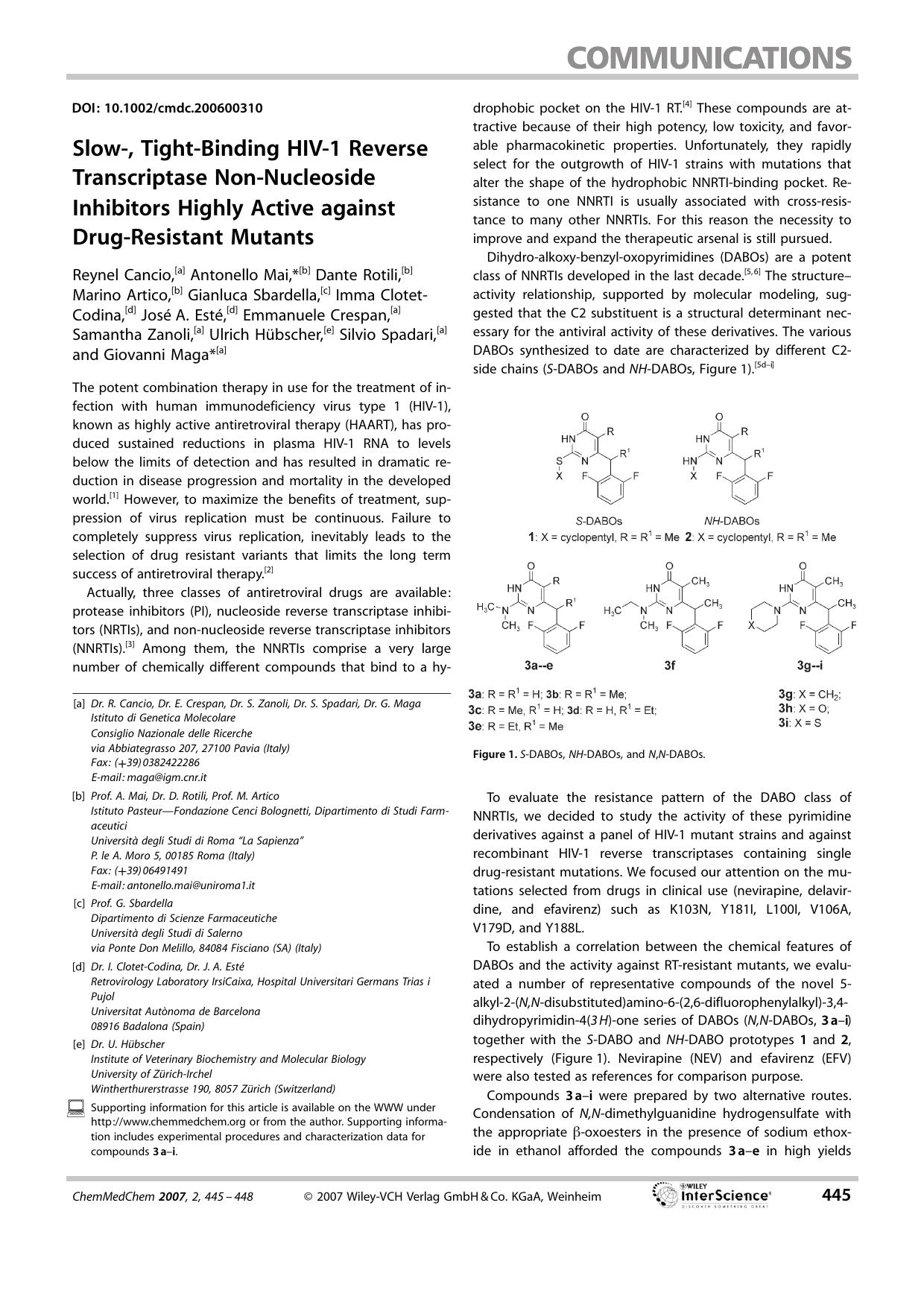 Slow-, Tight-Binding HIV-1 Reverse Transcriptase Non-Nucleoside Inhibitors Highly Active against Drug-Resistant Mutants by Unknown
