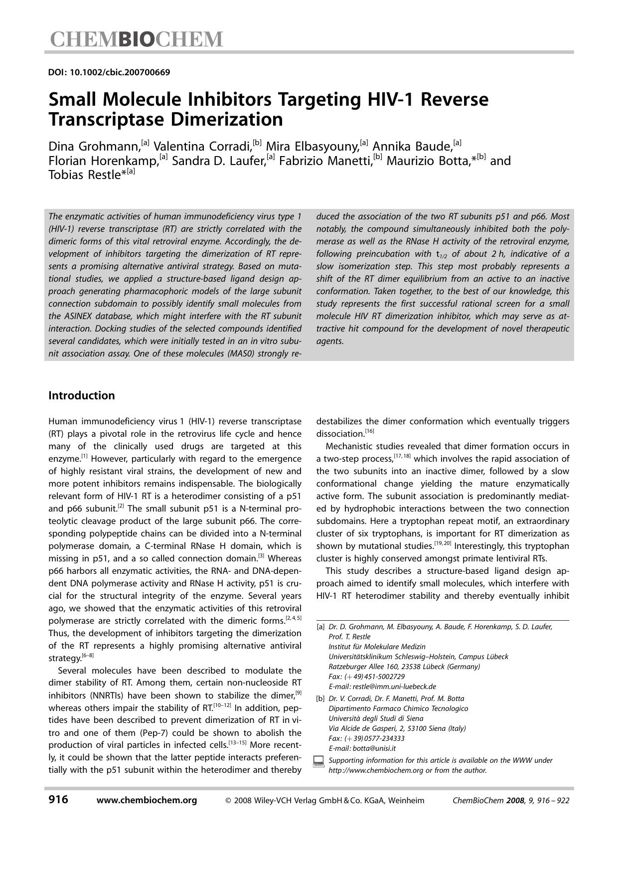 Small Molecule Inhibitors Targeting HIV-1 Reverse Transcriptase Dimerization by Unknown