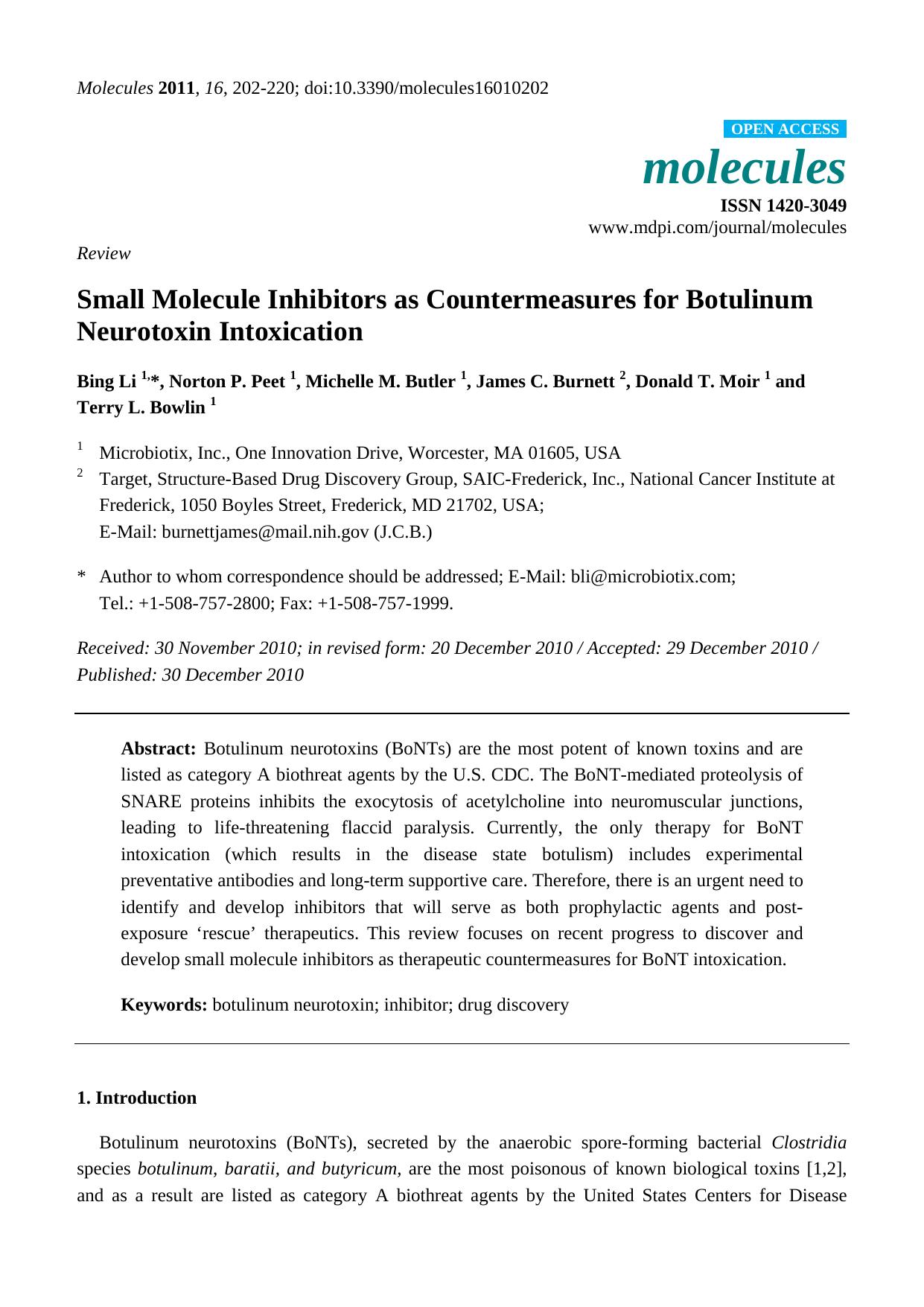 Small Molecule Inhibitors as Countermeasures for Botulinum Neurotoxin Intoxication by Bing Li & Norton P. Peet & Michelle M. Butler & James C. Burnett & Donald T. Moir & Terry L. Bowlin