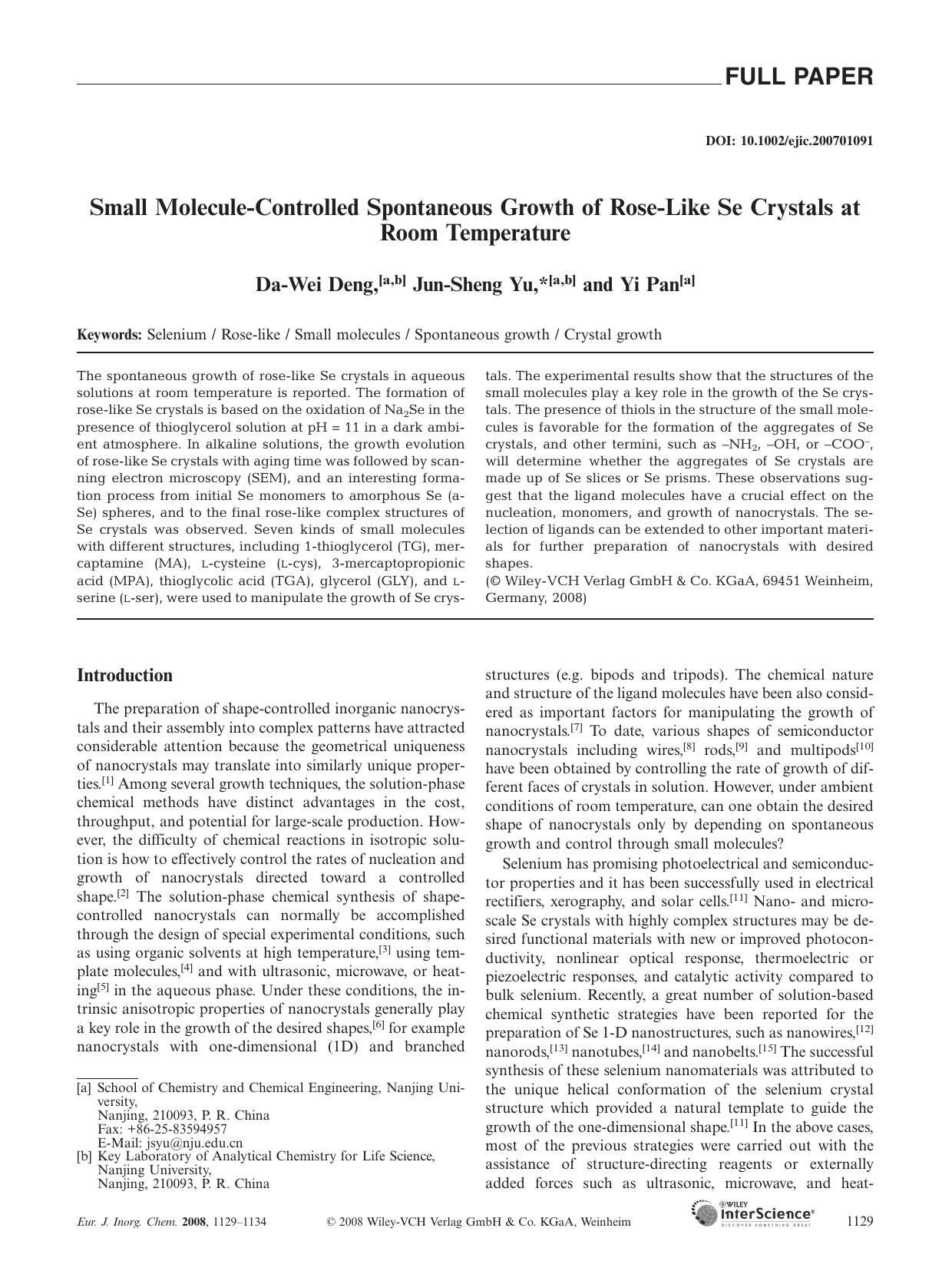 Small Molecule-Controlled Spontaneous Growth of Rose-Like Se Crystals at Room Temperature by Unknown