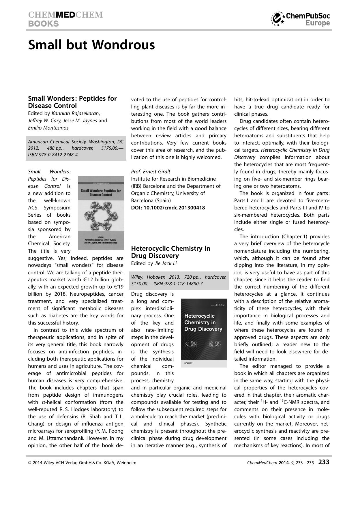 Small Wonders: Peptides for Disease Control. Edited by Kanniah Rajasekaran, JeffreyW. Cary, JesseM. Jaynes and Emilio Montesinos by Unknown