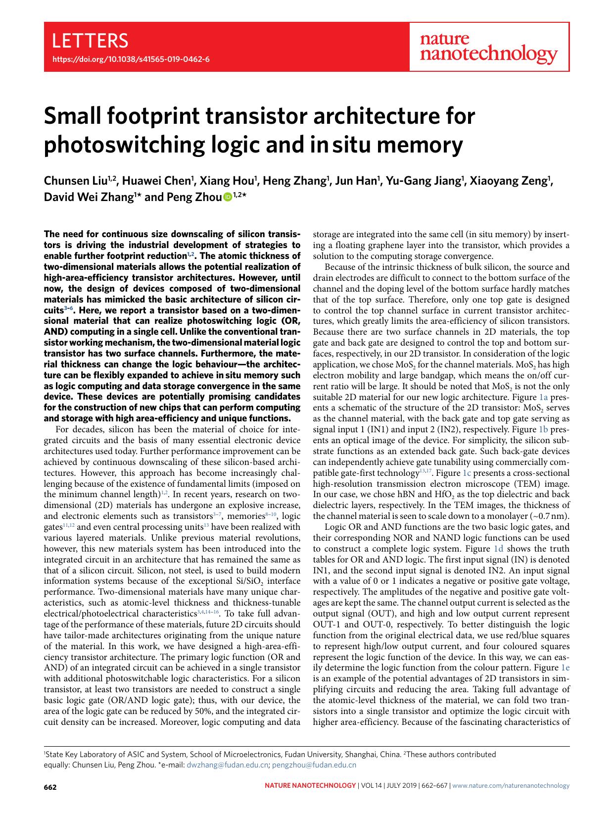 Small footprint transistor architecture for photoswitching logic and in situ memory by unknow