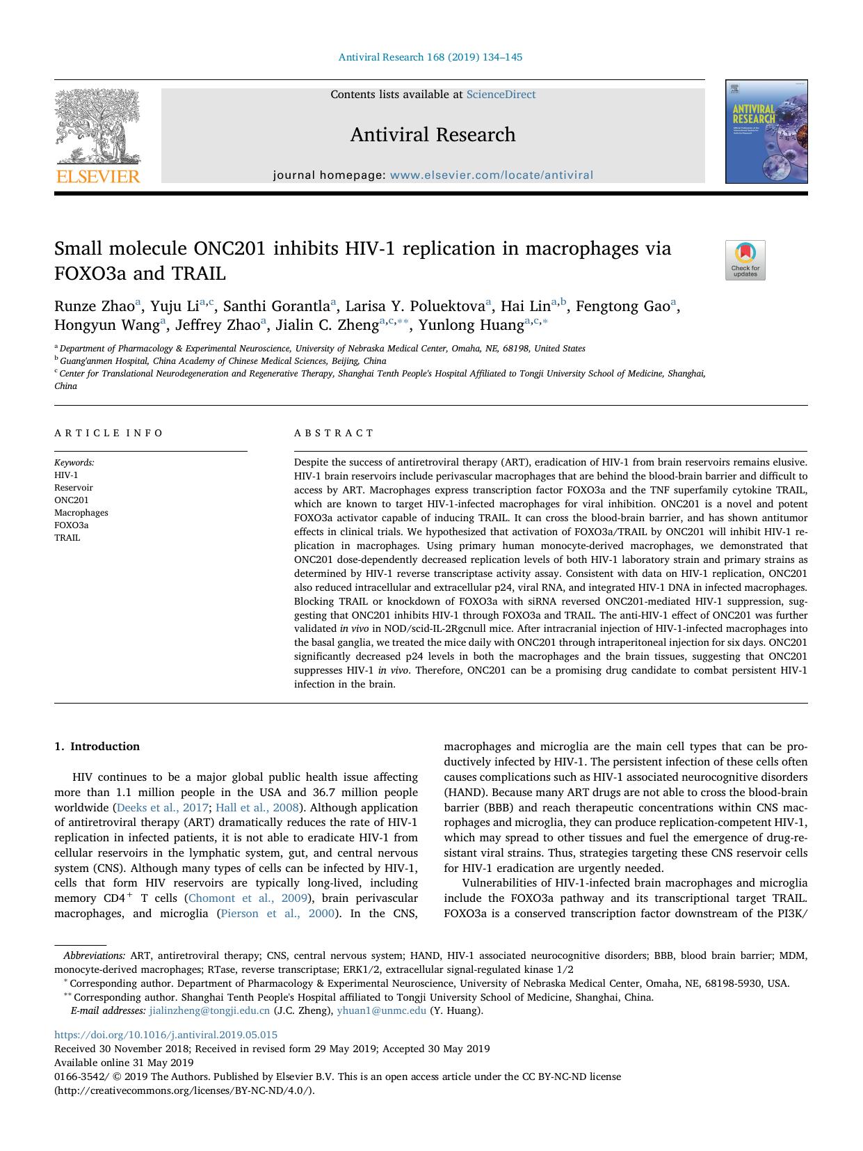Small molecule ONC201 inhibits HIV-1 replication in macrophages via FOXO3a and TRAIL by unknow
