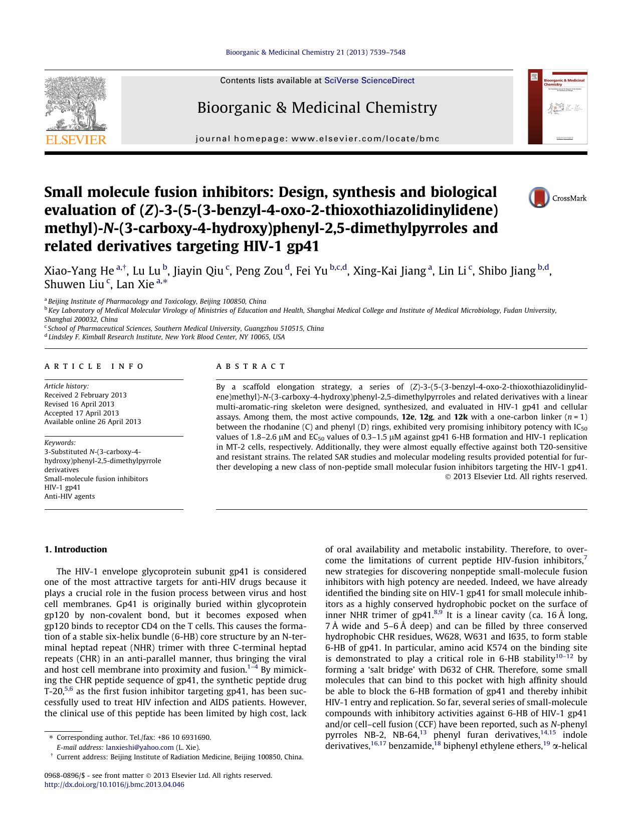 Small molecule fusion inhibitors: Design, synthesis and biological evaluation of (Z)-3-(5-(3-benzyl-4-oxo-2-thioxothiazolidinylidene)methyl)-N-(3-carboxy-4-hydroxy)phenyl-2,5-dimet by unknow