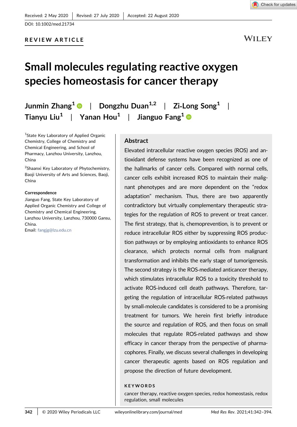 Small molecules regulating reactive oxygen species homeostasis for cancer therapy by Unknown