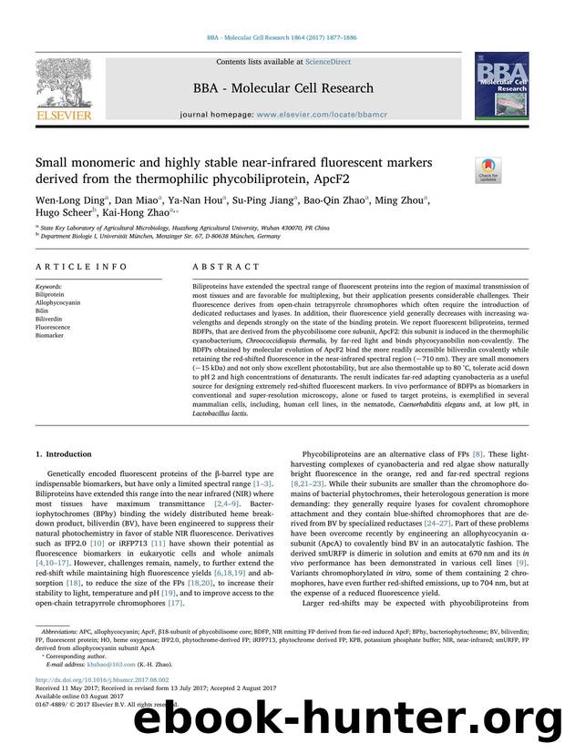 Small monomeric and highly stable near-infrared fluorescent markers derived from the thermophilic phycobiliprotein, ApcF2 by unknow