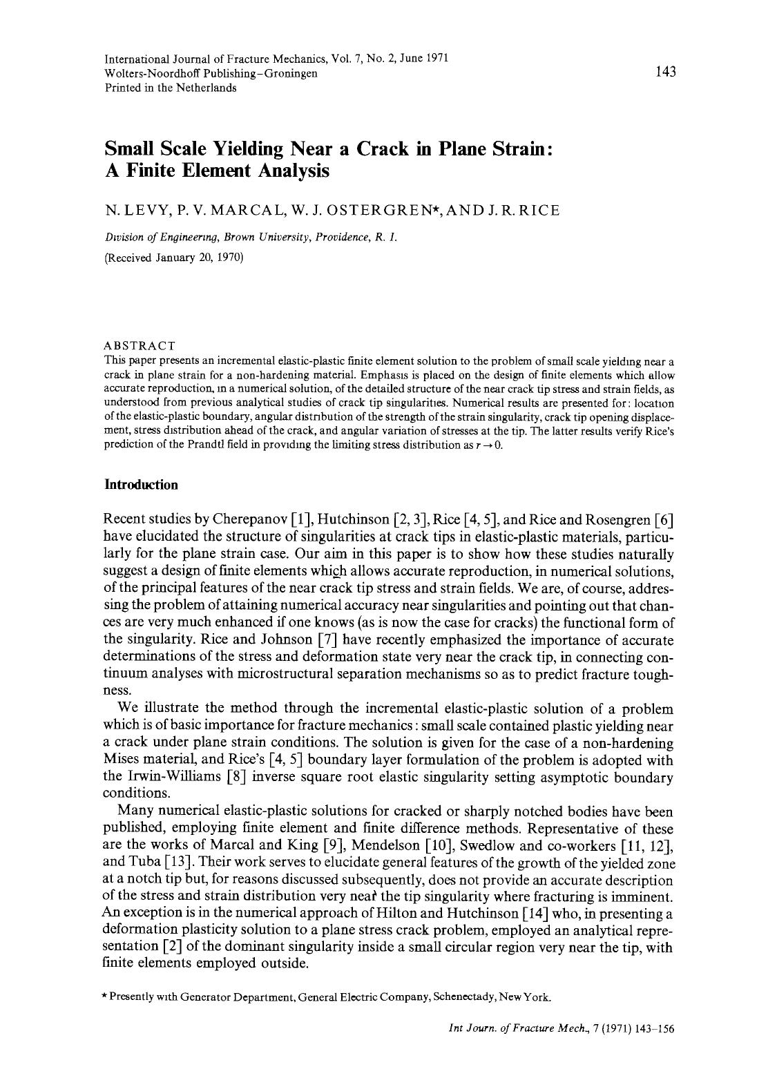 Small scale yielding near a crack in plane strain: A finite element analysis by Unknown