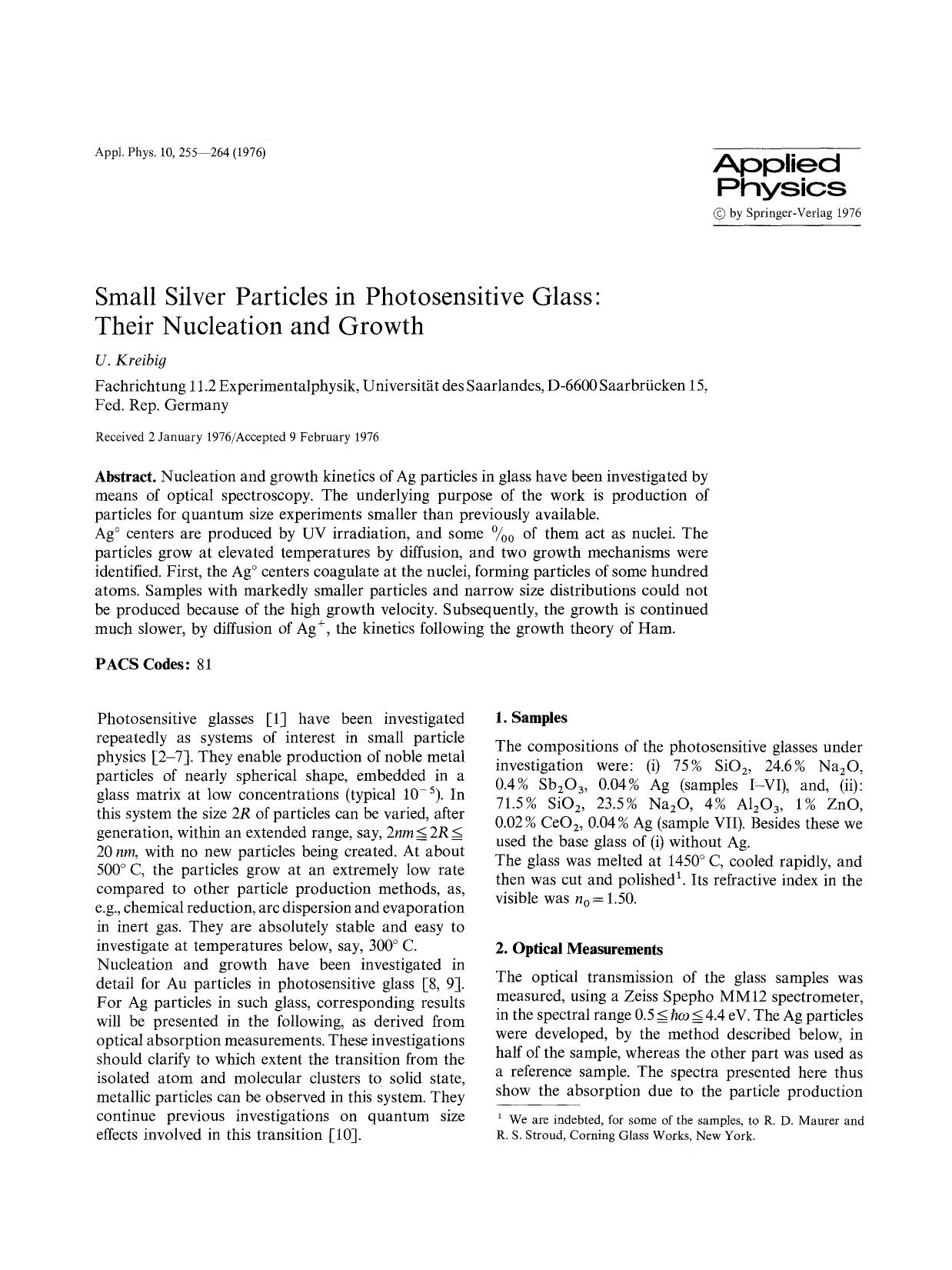 Small silver particles in photosensitive glass: Their nucleation and growth by Unknown