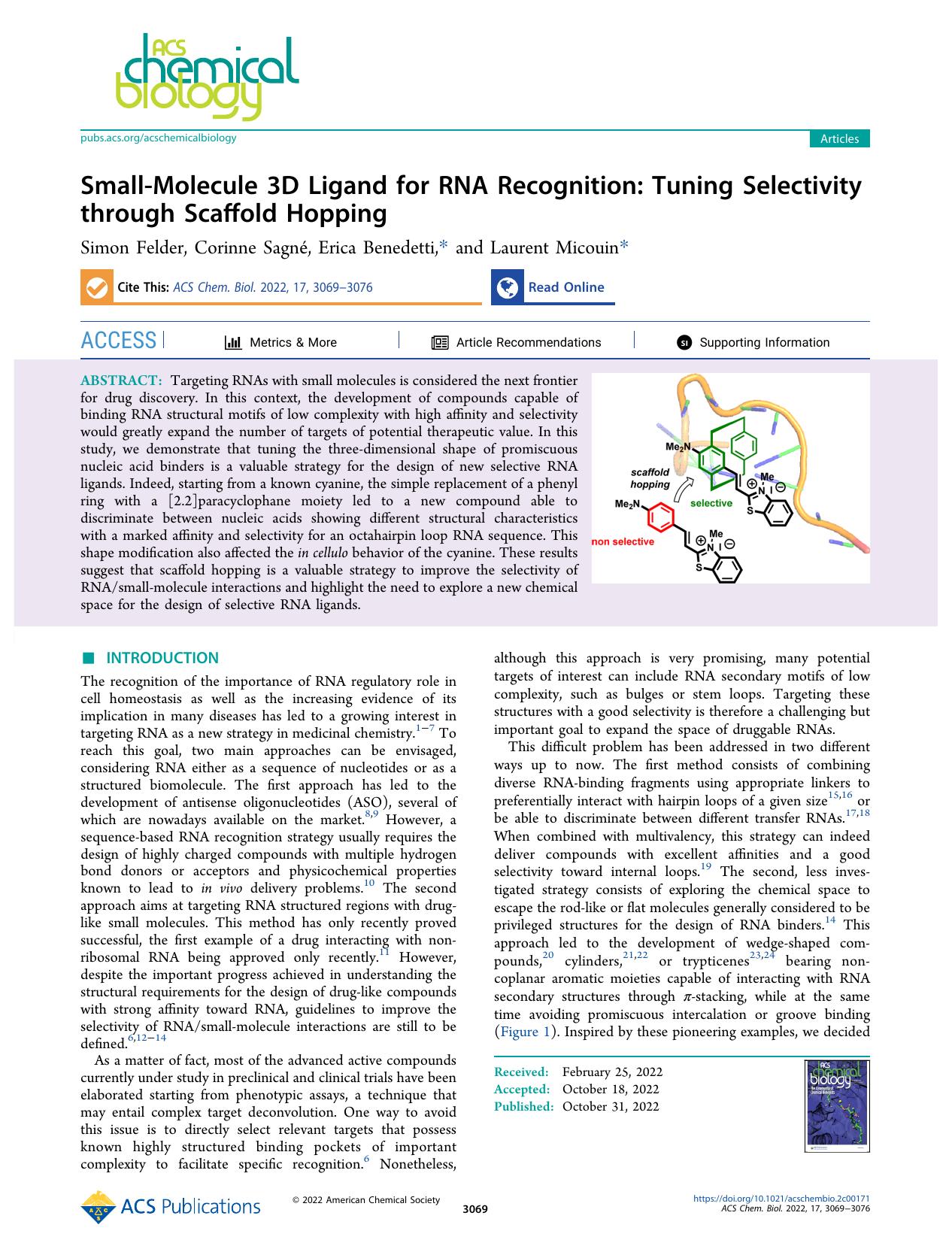 Small-Molecule 3D Ligand for RNA Recognition: Tuning Selectivity through Scaffold Hopping by Simon Felder Corinne Sagné Erica Benedetti and Laurent Micouin