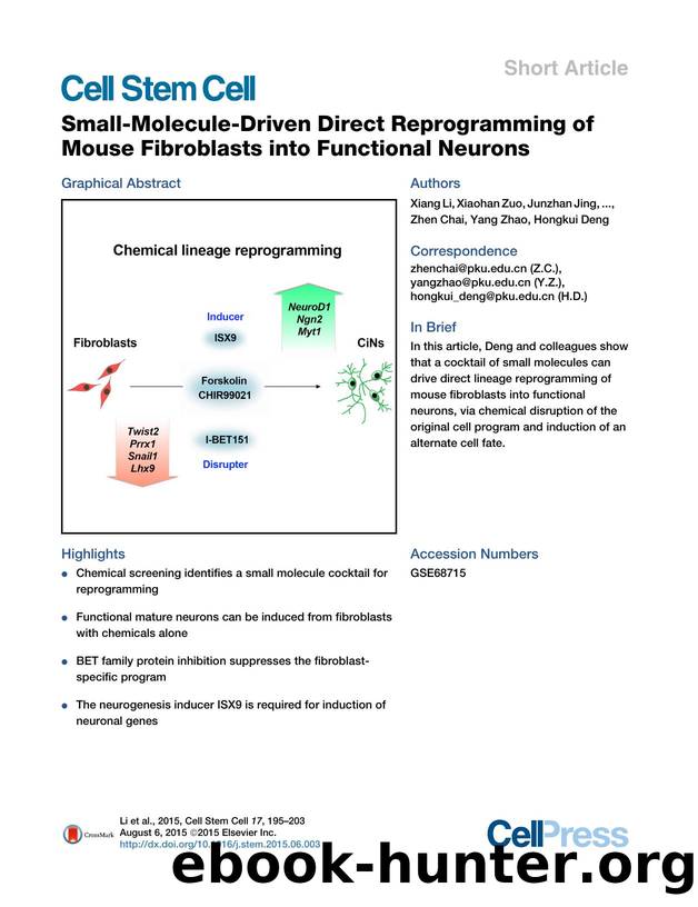 Small-Molecule-Driven Direct Reprogramming of Mouse Fibroblasts into Functional Neurons by unknow