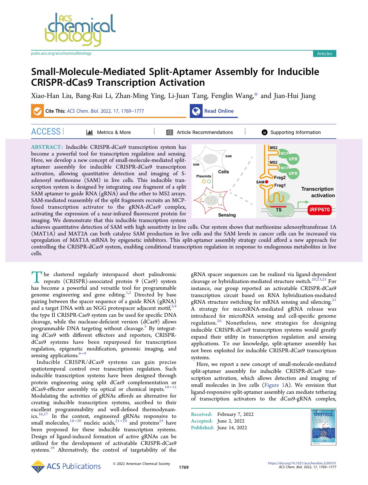Small-Molecule-Mediated Split-Aptamer Assembly for Inducible CRISPR-dCas9 Transcription Activation by Xiao-Han Liu Bang-Rui Li Zhan-Ming Ying Li-Juan Tang Fenglin Wang and Jian-Hui Jiang