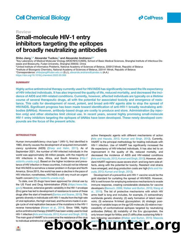 Small-molecule HIV-1 entry inhibitors targeting the epitopes of broadly neutralizing antibodies by Shibo Jiang & Alexander Tuzikov & Alexander Andrianov