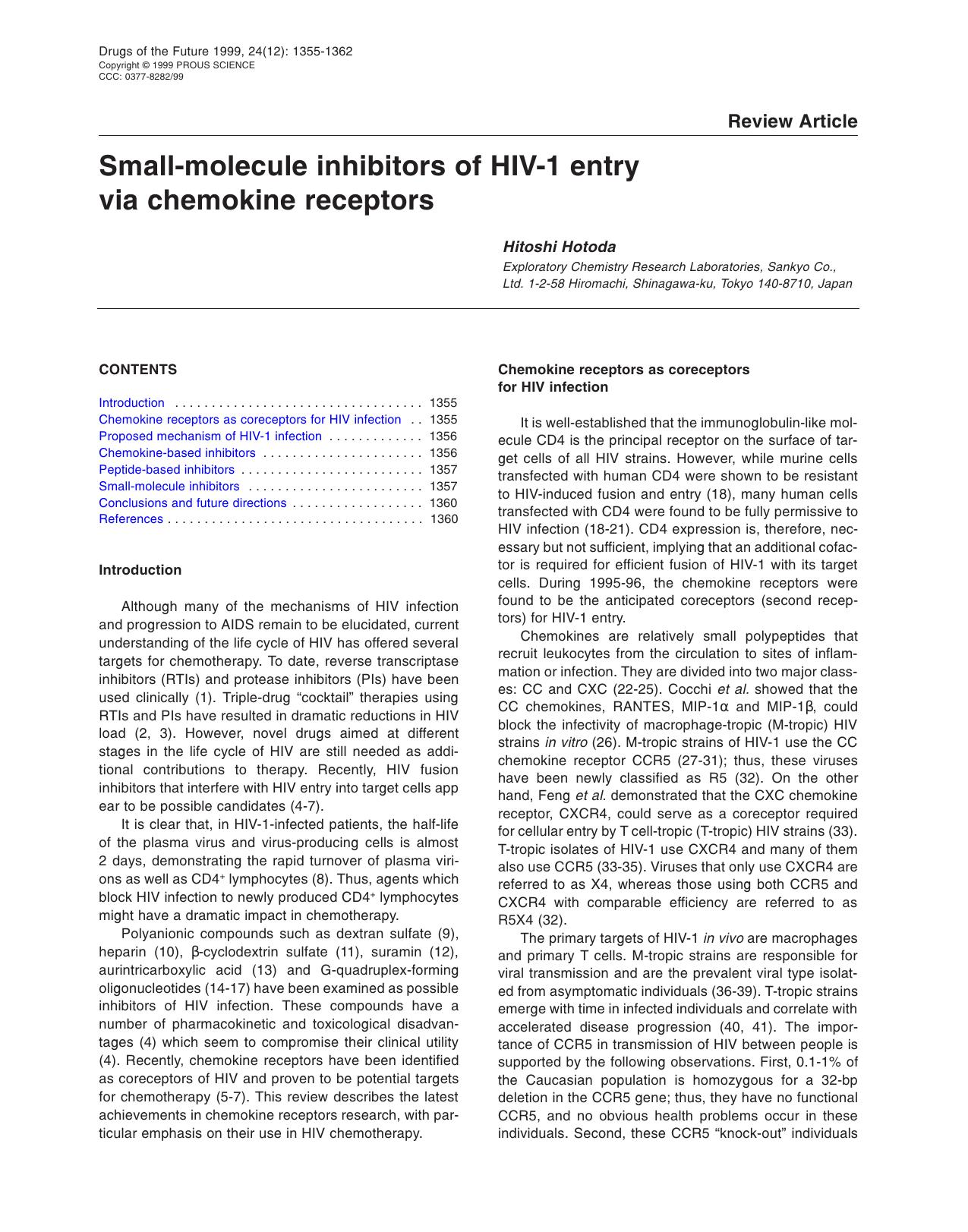 Small-molecule inhibitors of HIV-1 entry via chemokine receptors by Prous Science (c) 1999