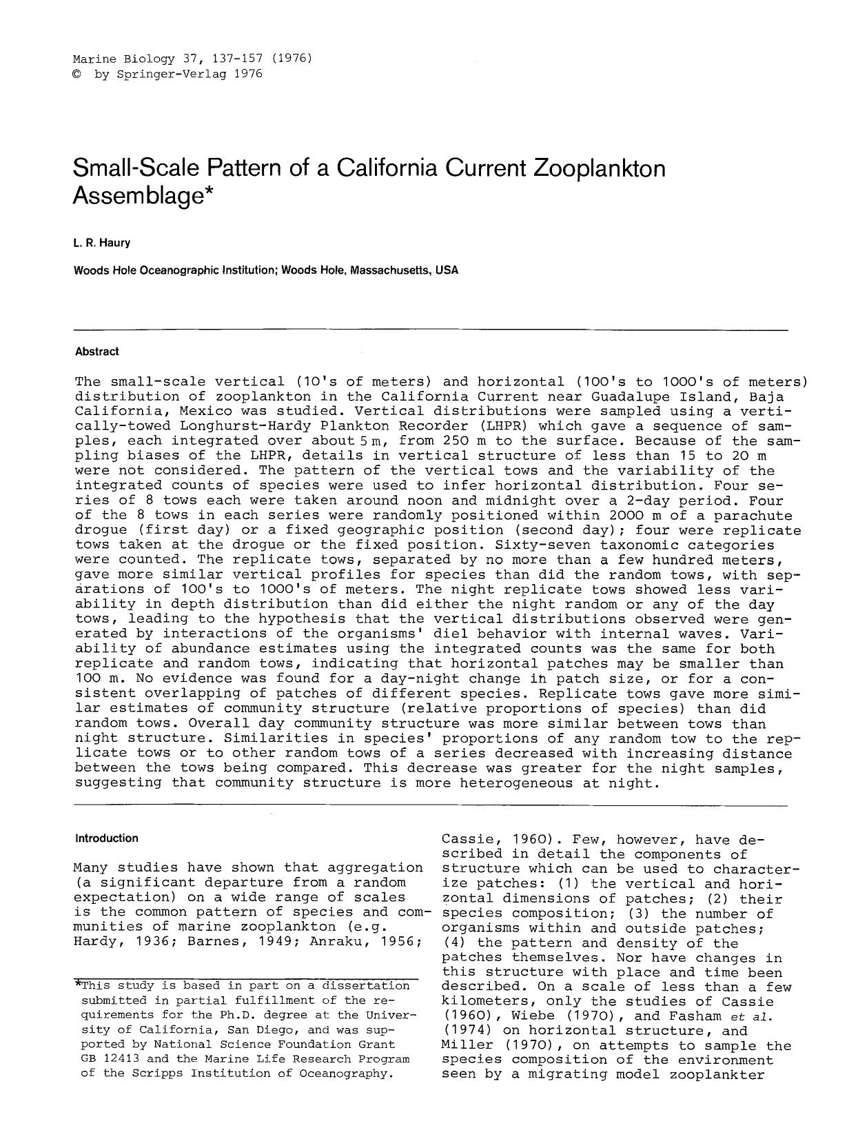 Small-scale pattern of a California current zooplankton assemblage by Unknown