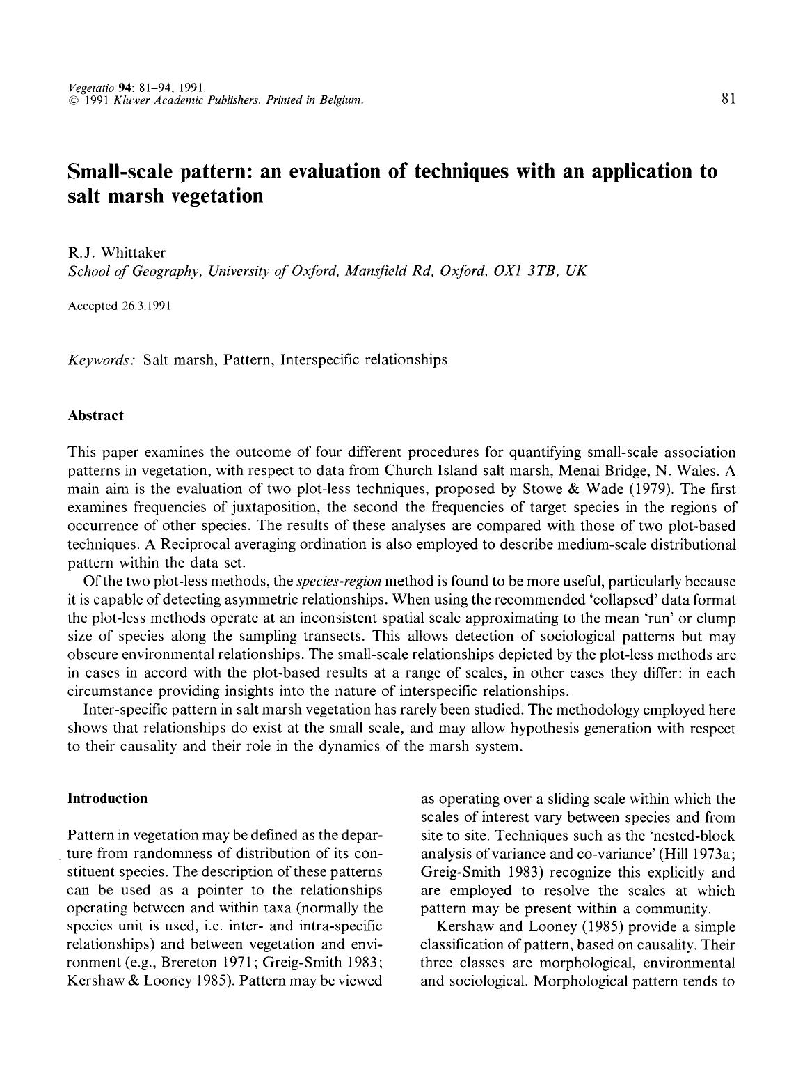Small-scale pattern: an evaluation of techniques with an application to salt marsh vegetation by Unknown