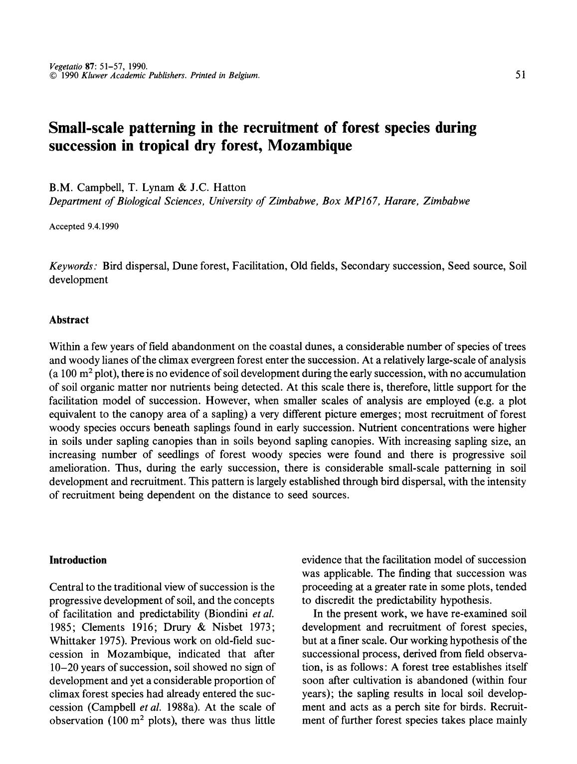 Small-scale patterning in the recruitment of forest species during succession in tropical dry forest, Mozambique by Unknown