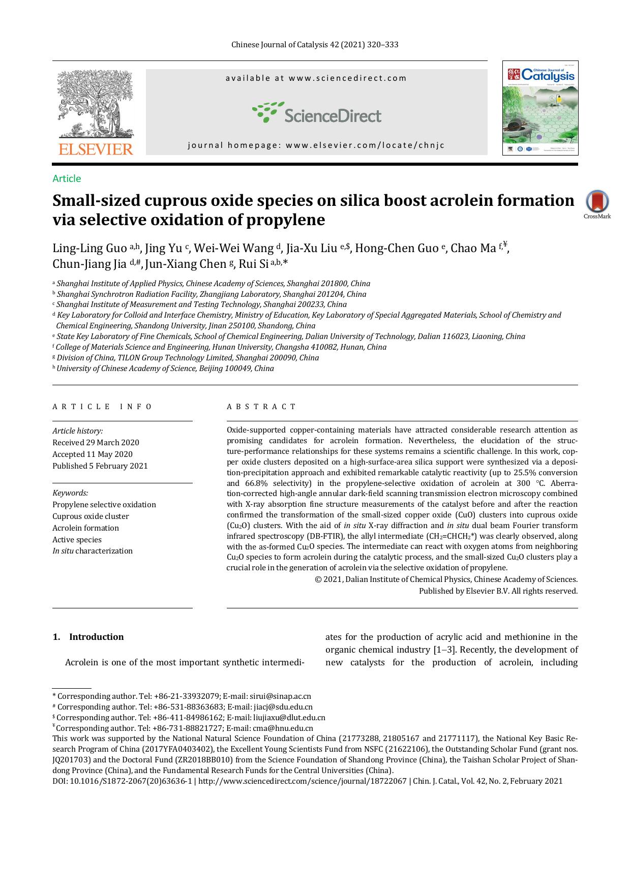 Small-sized cuprous oxide species on silica boost acrolein formation via selective oxidation of propylene by Ling-Ling Guo