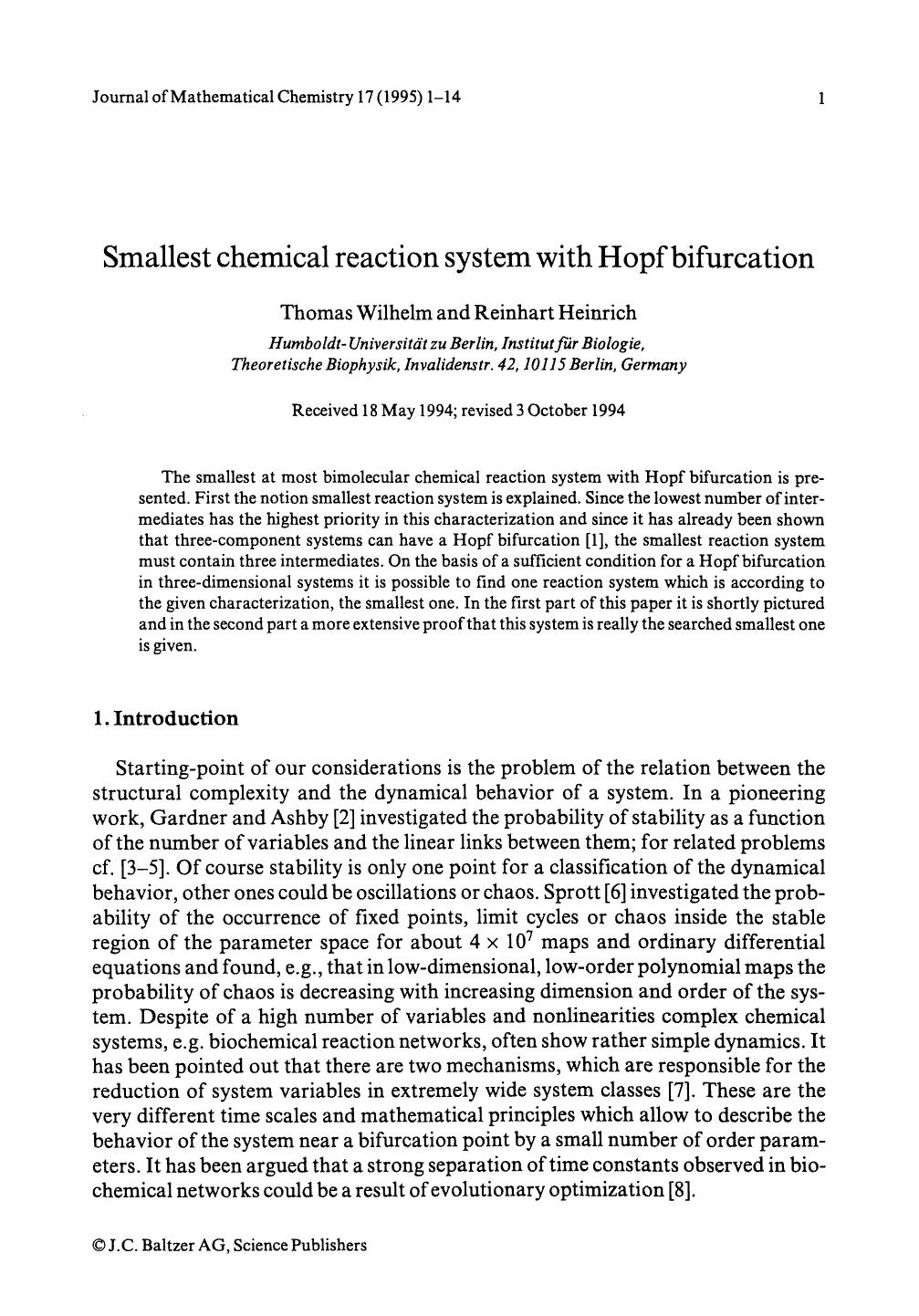 Smallest chemical reaction system with Hopf bifurcation by Unknown