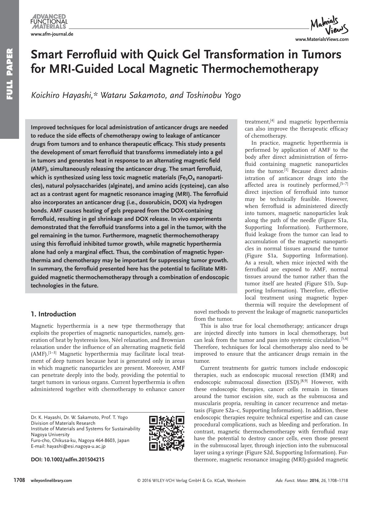 Smart Ferrofluid with Quick Gel Transformation in Tumors for MRI&#x02010;Guided Local Magnetic Thermochemotherapy by Unknown