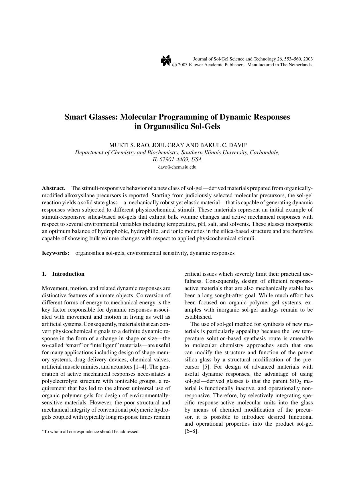 Smart Glasses: Molecular Programming of Dynamic Responses in Organosilica Sol-Gels by Unknown