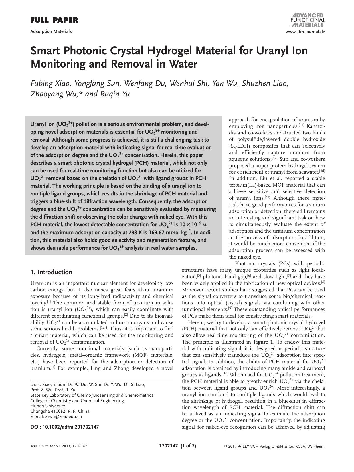 Smart Photonic Crystal Hydrogel Material for Uranyl Ion Monitoring and Removal in Water by Unknown