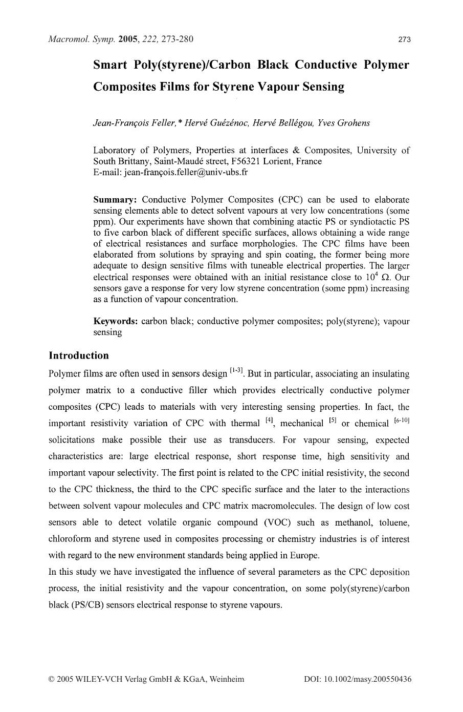 Smart Poly(styrene)Carbon Black Conductive Polymer Composites Films for Styrene Vapour Sensing by Unknown
