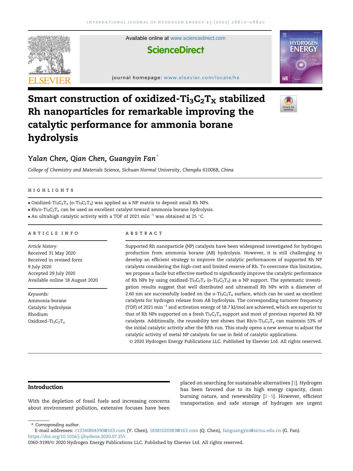 Smart construction of oxidized-Ti3C2TX stabilized Rh nanoparticles for remarkable improving the catalytic performance for ammonia borane hydrolysis by Yalan Chen & Qian Chen & Guangyin Fan