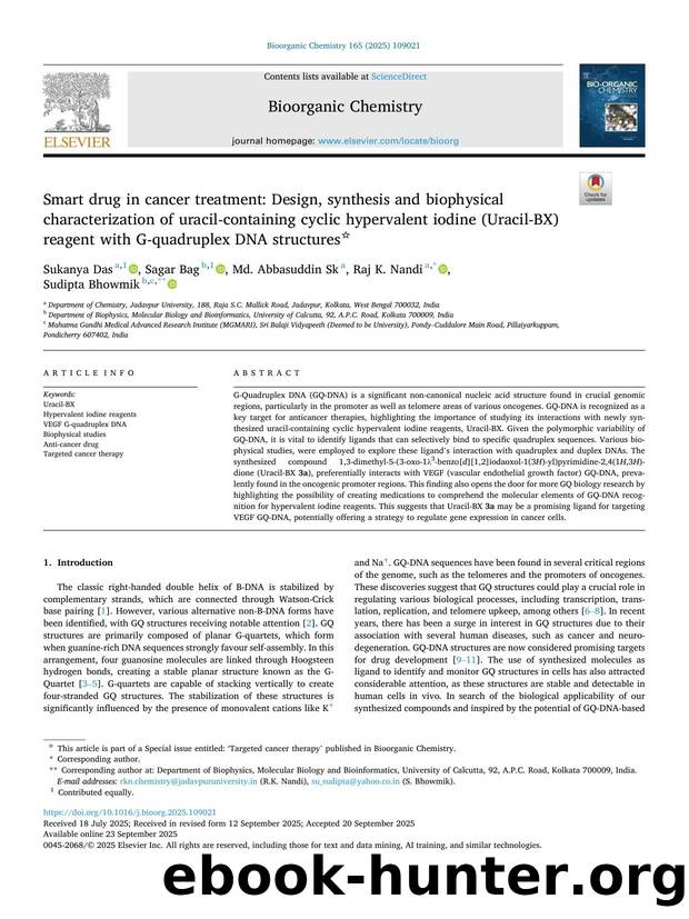 Smart drug in cancer treatment: Design, synthesis and biophysical characterization of uracil-containing cyclic hypervalent iodine (Uracil-BX) reagent with G-quadruplex DNA structures by Sukanya Das & Sagar Bag & Md. Abbasuddin Sk & Raj K. Nandi & Sudipta Bhowmik