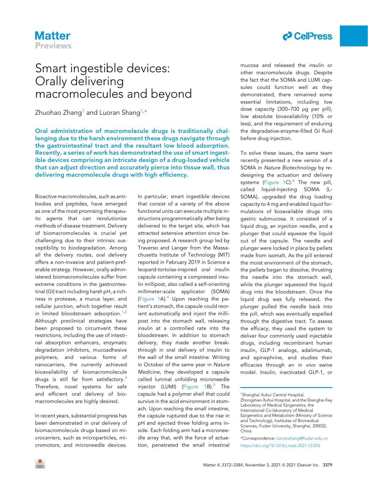 Smart ingestible devices: Orally delivering macromolecules and beyond by Zhuohao Zhang & Luoran Shang