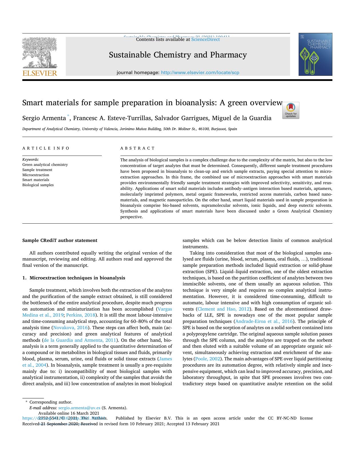 Smart materials for sample preparation in bioanalysis: A green overview by Sergio Armenta & Francesc A. Esteve-Turrillas & Salvador Garrigues & Miguel de la Guardia