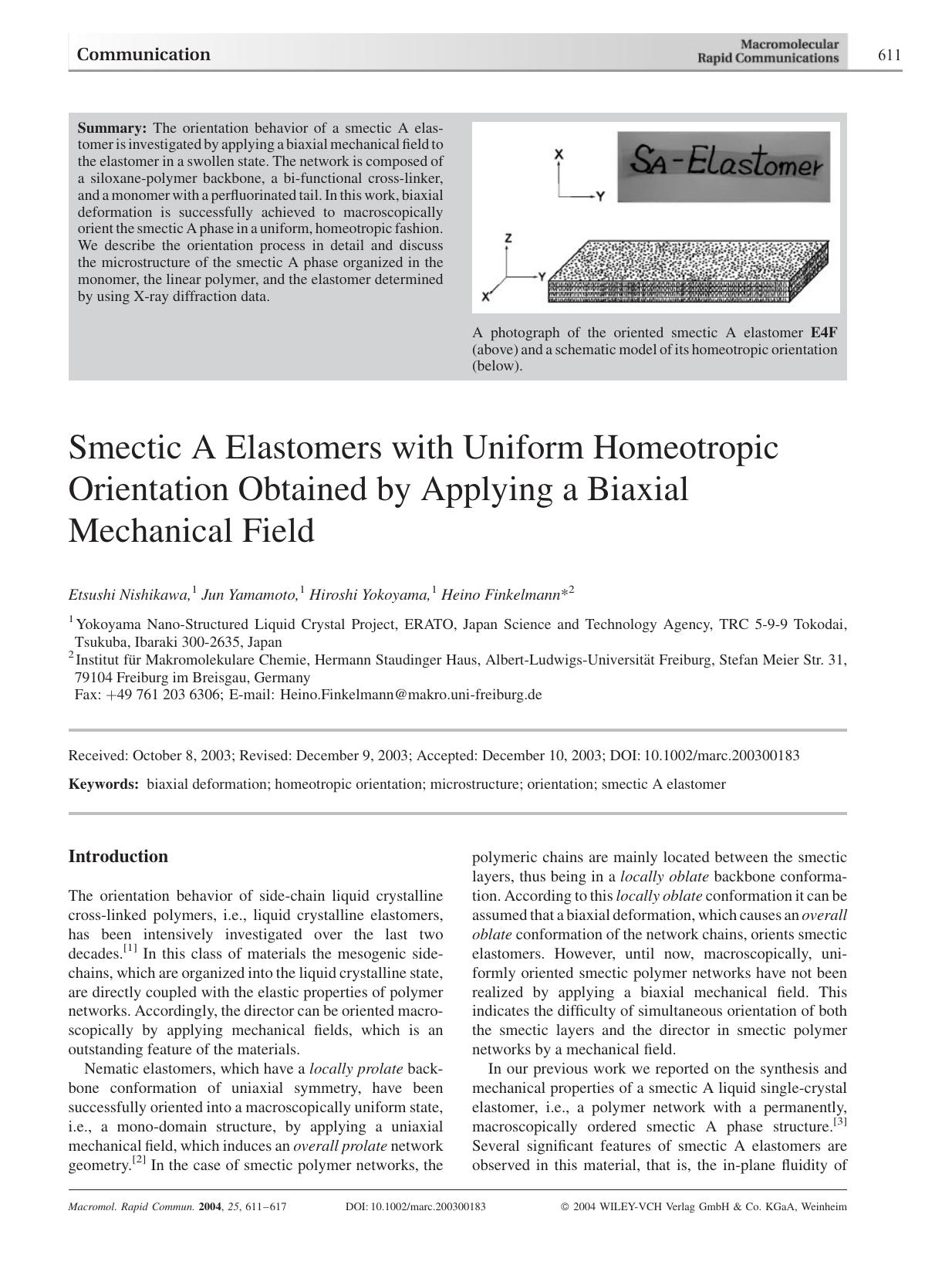 Smectic A Elastomers with Uniform Homeotropic Orientation Obtained by Applying a Biaxial Mechanical Field by Unknown