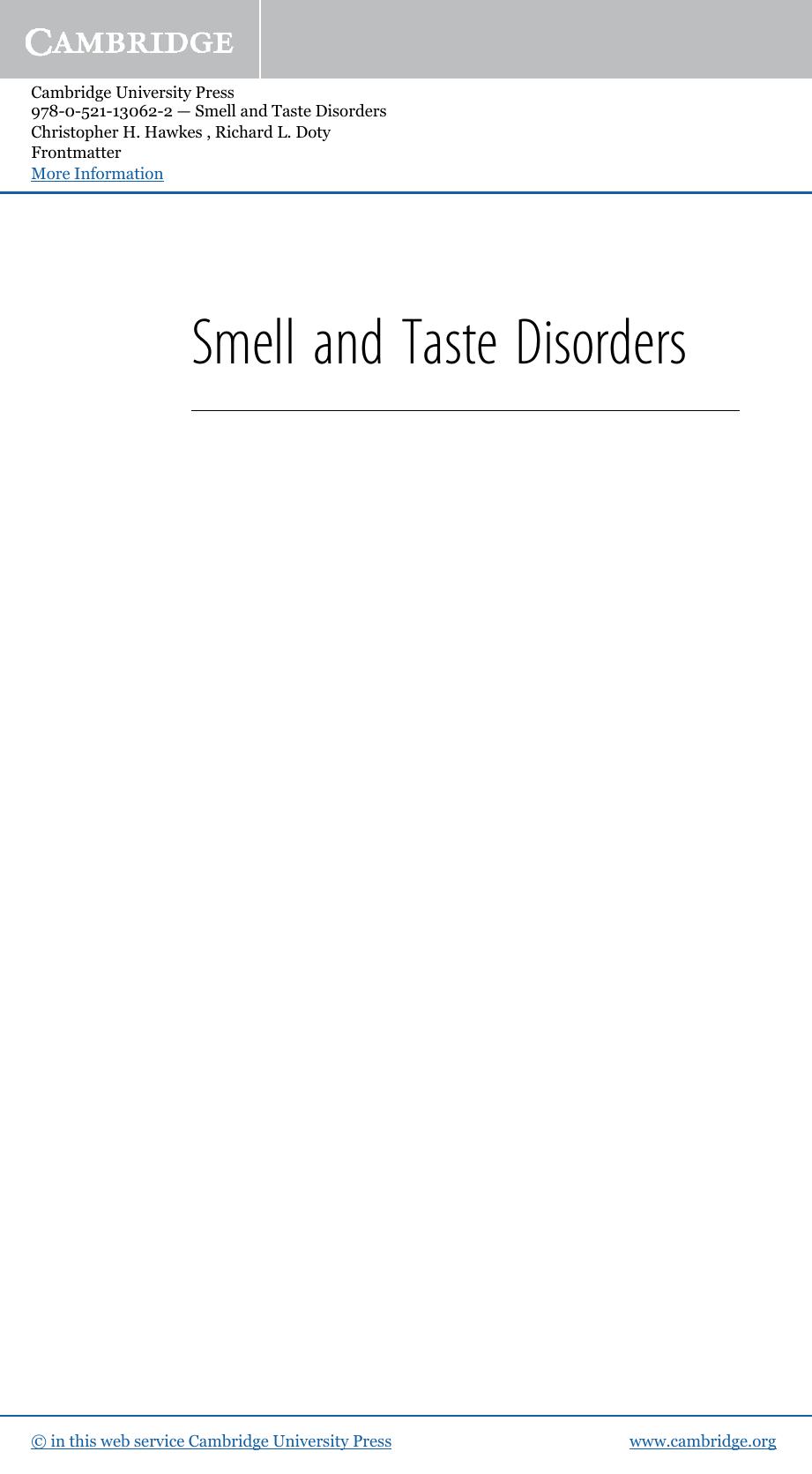 Smell and Taste Disorders: Cambridge Pocket Clinician by Christopher H Hawkes
