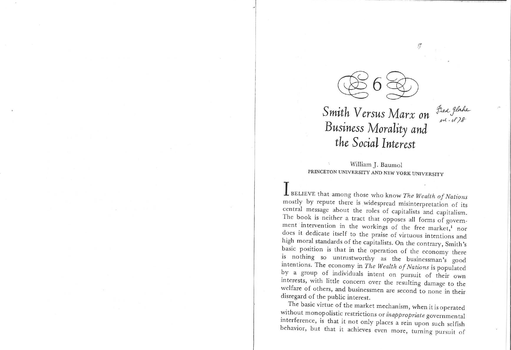 Smith versus Marx on Business Morality and the Social Interest (-William Baumol's article from Adam Smith and the Wealth of Nations 1776-1976 Bicentennial Essay-) by William Baumol